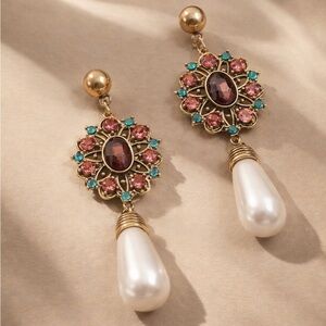 Royal Vintage Statement Earrings • Ruby & Teal Crystals
